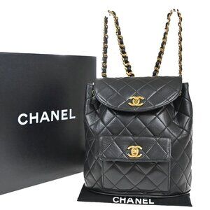 CHANEL CC Logo Duma Matelasse Chain Backpack Bag Leather Black Vintage 359RP114